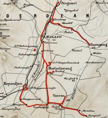 Peta rute jalur trem MS berwarna merah.(map source: Universiteit Leiden, Nederland)